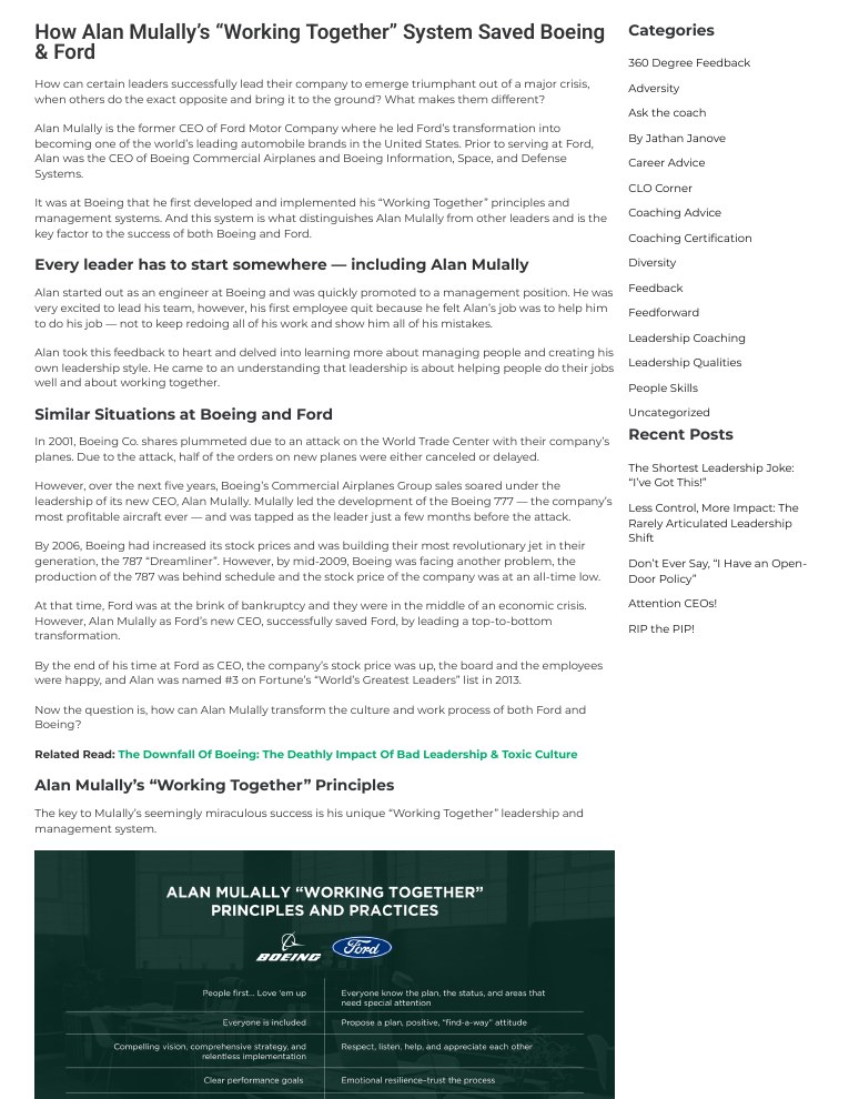 How Alan Mulally’s “Working Together” System Saved Boeing & Ford - Marshall Goldsmith Stakeholder Centered Coaching Knowledge Bank