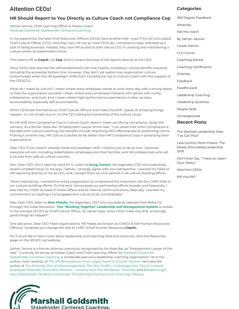 Attention CEOs! HR Should Report to You Directly as Culture Coach not Compliance Cop - Marshall Goldsmith Stakeholder Centered Coaching Knowledge Bank